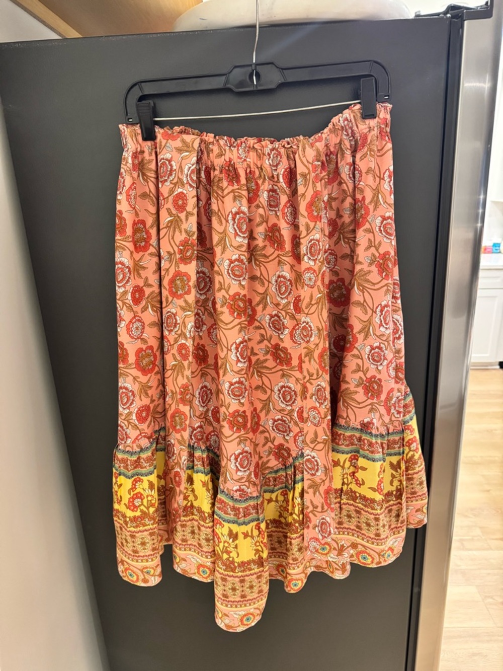 easel Peach Floral Boho Skater Skirt with Yellow Border - Picture 1 of 4